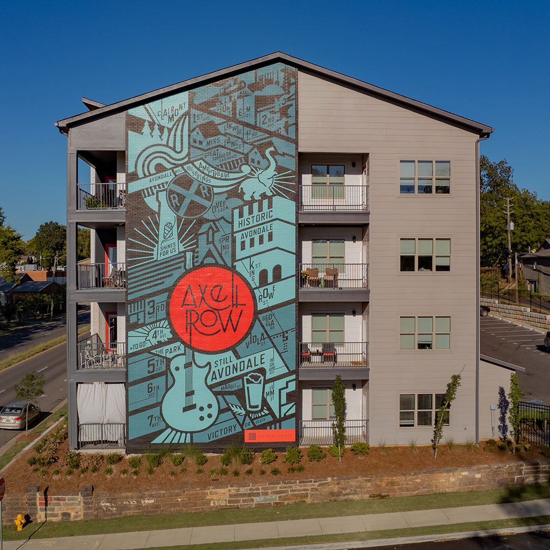 One-Bedroom Apartments in Birmingham, AL- Axel Row- Landscaping with Private Balconies and Building Art